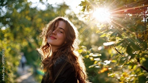 Fototapeta Smiling young woman with long brown hair stands in bright sunlight streaming through the trees