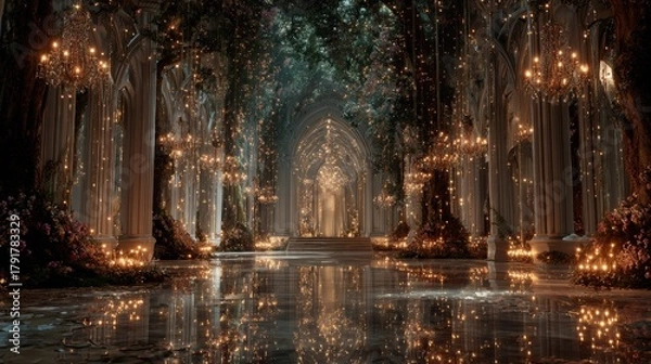 Obraz Enchanting ballroom in a magical fantasy world with glowing chandeliers and lush greenery, perfect for a whimsical celebration or a royal gathering
