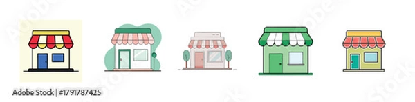 Fototapeta Small Business Facade Illustration Retail Storefront with Awning Blue Door and Window Modern Flat Design Vector