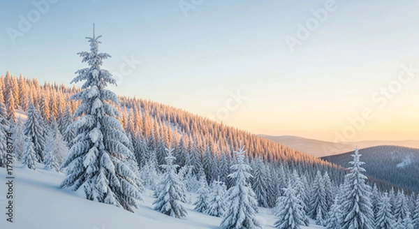 Obraz Snowy Mountain Christmas Background with Winter Trees and Blue Sky