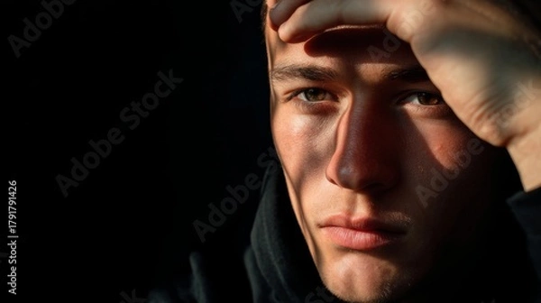 Fototapeta Close up portrait of a young man with brown eyes hand on forehead against a dark background
