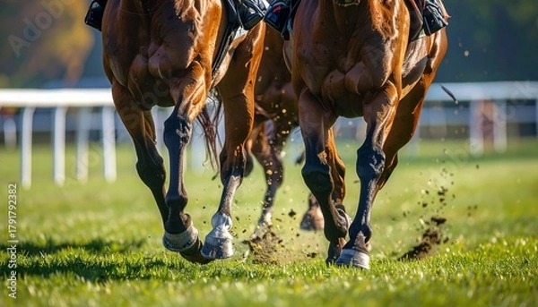 Obraz Racing Horses Closeup of powerful legs speeding across a green racecourse.