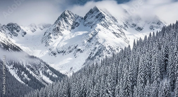 Fototapeta Breathtaking winter scenery of snowcovered mountains and forests, with a thick layer of fresh snow blanketing the landscape under a cloudy sky in the alps