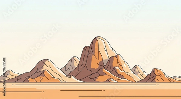 Fototapeta Cartoon illustration of a desert landscape with mountains, sand, and a clear sky, featuring warm colors and a simple design