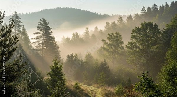 Fototapeta Sun rays shine through the fog in a forest at sunrise, creating a beautiful and ethereal scene with trees, fog, light, nature, and landscape