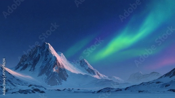 Fototapeta Snowy mountain peaks under a starry night sky illuminated by green and blue aurora borealis lights