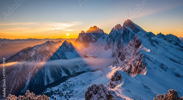 Obraz Majestic snowcovered mountain peaks at sunset, with golden light illuminating the landscape, creating a breathtaking and serene winter scene