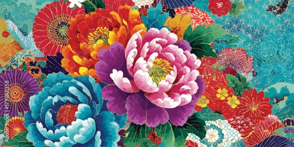Obraz 풍성하고 다채로운 색상의 동양적인 꽃 그림이 배경에 어우러져 화려하고 아름다운 분위기를 연출합니다.