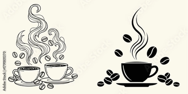 Fototapeta Coffee cup designs with steam and coffee beans, perfect for cafes and restaurant branding