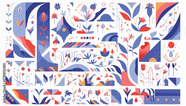 Obraz 모던한 색감과 유기적인 형태가 결합된 추상적인 식물 및 기하학적 패턴으로, 창의적인 디자인 프로젝트에 활용하기 좋습니다.