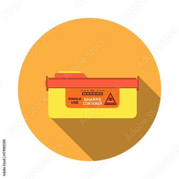 Fototapeta Vector isolated icon of sharps container with detachable lid and sticker with biohazard sign on the orange background with shadow.