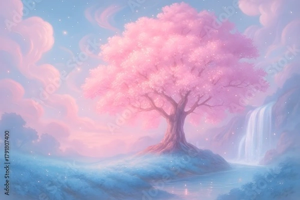 Fototapeta Enchanting pink cherry tree landscape with waterfall