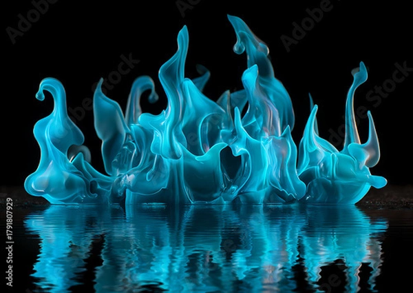 Obraz Burning blue flame close-up with smoke and reflection on black backdrop, abstract macro light movement, glowing white fire detail for modern energy theme
