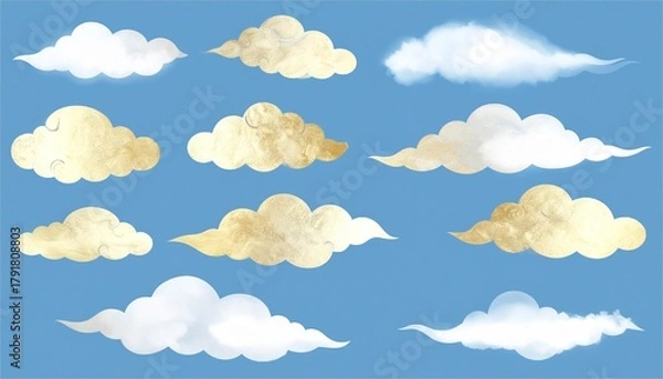 Fototapeta 金色の筆書きの雲のイラスト素材セット　飾り　装飾　和風　デザイン