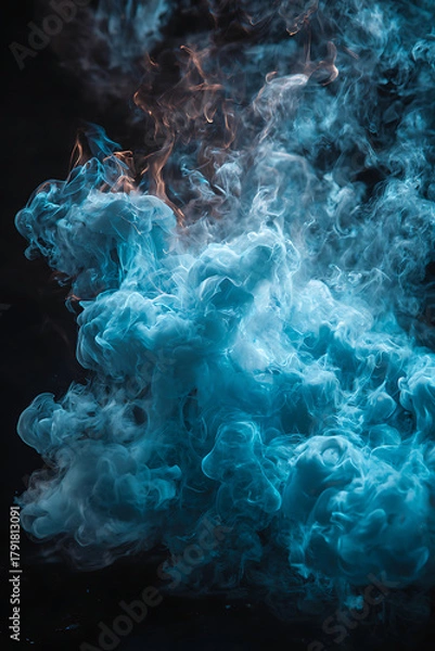 Obraz Blue flame on black background with smoke and reflection, close-up of burning blue fire and white flames, abstract dynamic light concept for design