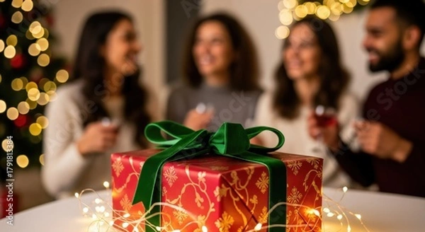 Fototapeta Festive red gift box with green ribbon and string lights on a table, with blurred happy friends celebrating holidays in the background