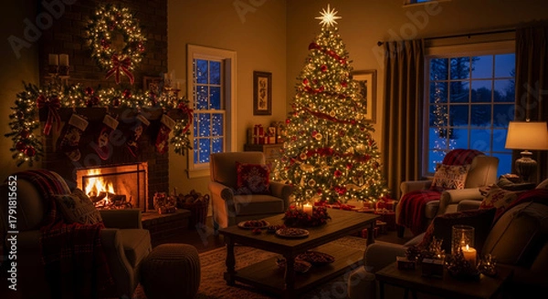 Obraz Cozy Living Room Christmas Background with Fireplace and Tree