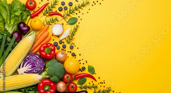 Fototapeta An overhead shot of various fresh vegetables and fruits arranged on a yellow background surface