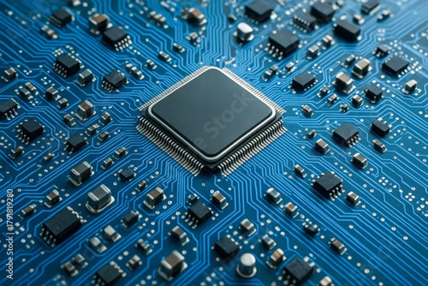 Fototapeta Close-up of a computer circuit board with a central processing unit.