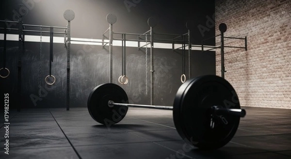 Obraz Gyms Steel Resolve Barbell Awaits Under Rings with a Test of Strength.