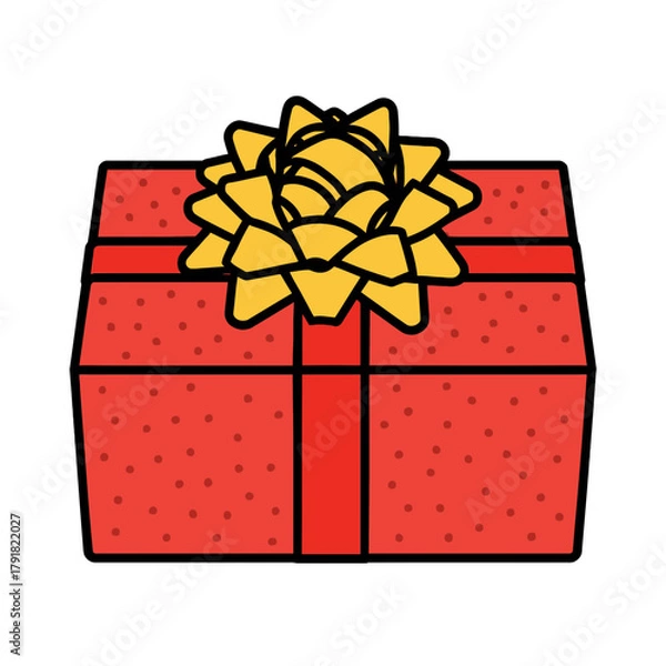 Fototapeta An illustration of a festive red gift box topped with a golden yellow bow and polka dots.