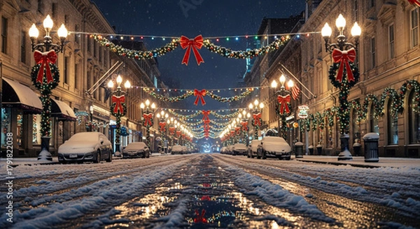 Obraz Snowy Christmas Street Background with Festive Lights at Night