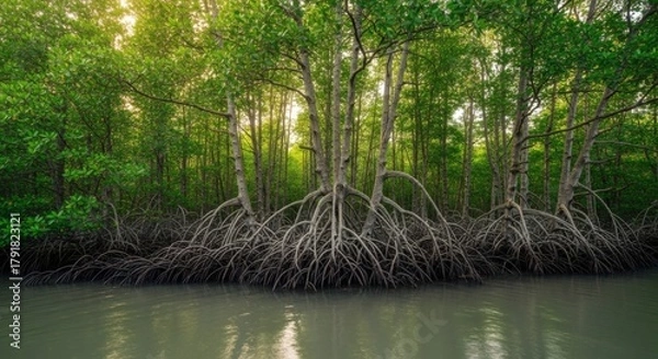 Obraz Mangroves Grip Roots reach into the still water of the tropic green forest.