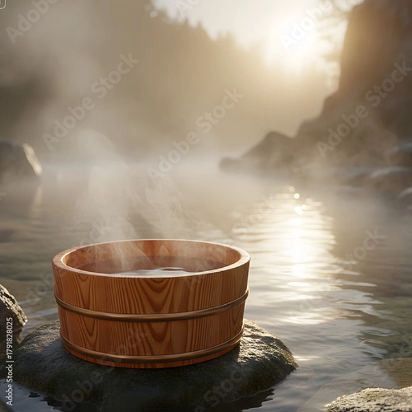 Fototapeta 山の天然温泉の池のほとりの木製トレイ