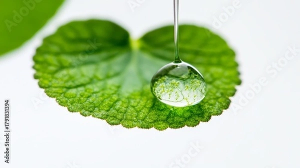Fototapeta Single crystalline drop of emerald green Gotu kola essential oil suspended with fresh Centella asiatica leaf embedded inside, pure white background, ultra-detailed macro photography showing oil's