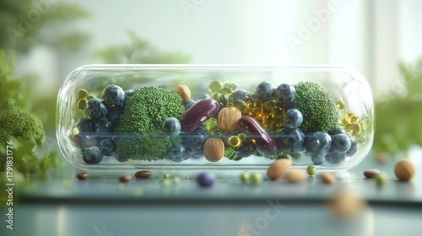 Fototapeta Cross-sectional view of clear nutrient pill filled with microscopic broccoli, blueberries, walnuts and kidney beans, hyper-detailed 3D render, scientific lighting revealing natural medicine concept