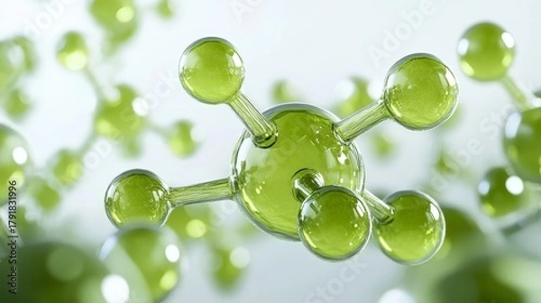 Fototapeta Laboratory-grade visualization of geometric collagen triple helix molecules suspended within luminous green transparent spheres, isolated on pure white backdrop, scientific precision detail, glossy