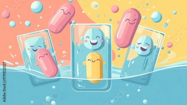 Fototapeta Whimsical cartoon vector illustration of anthropomorphized effervescent tablets with smiling faces diving into water glass, exaggerated fizzing action with dynamic splash effects, simplified
