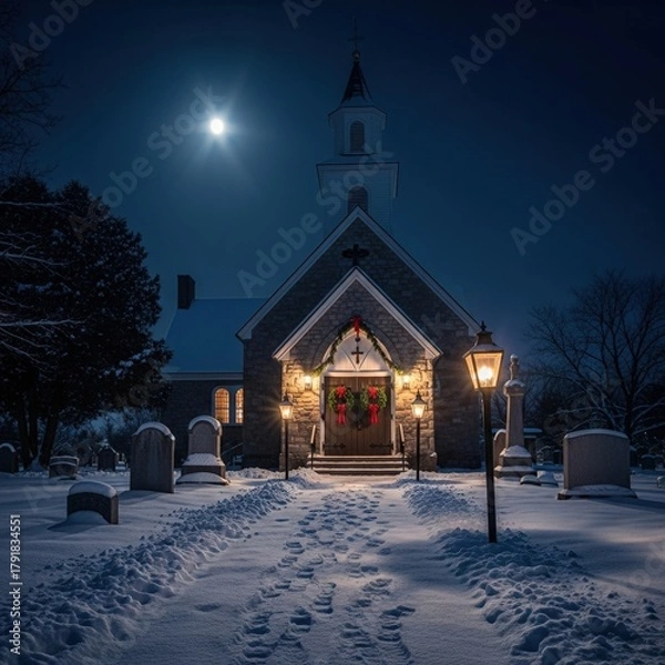 Obraz A quaint stone church decorated for Christmas on a snowy winter night under a full moon.