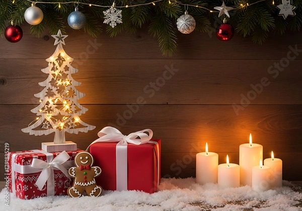 Fototapeta Warm, rustic Christmas scene featuring a glowing wooden tree, lit candles, and gift boxes on a snowy surface