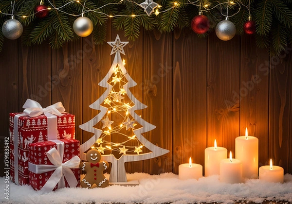 Fototapeta Warm, rustic Christmas scene featuring a glowing wooden tree, lit candles, and gift boxes on a snowy surface