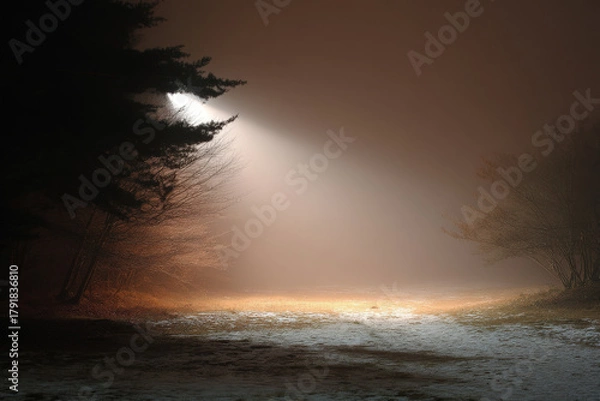 Fototapeta bright flashlight pierces through thick fog in cold winter forest illuminating snowcovered ground and trees