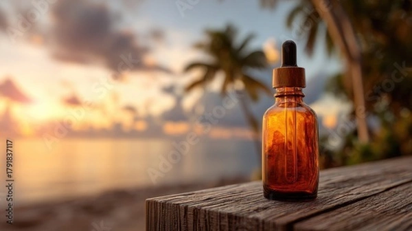 Fototapeta Aromatherapy essential oil bottle with sunset background