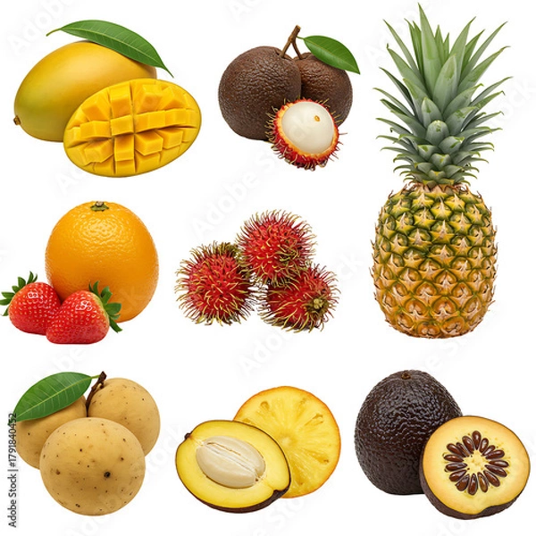 Obraz Realistic Tropical Fruits on White Background