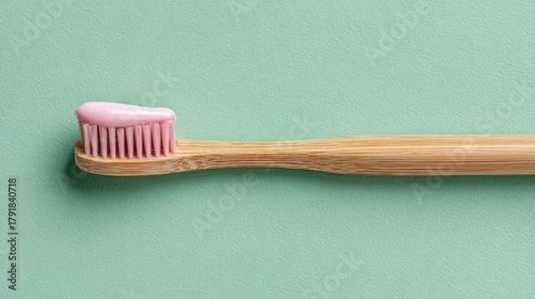 Obraz Bamboo toothbrush with pink toothpaste dental hygiene