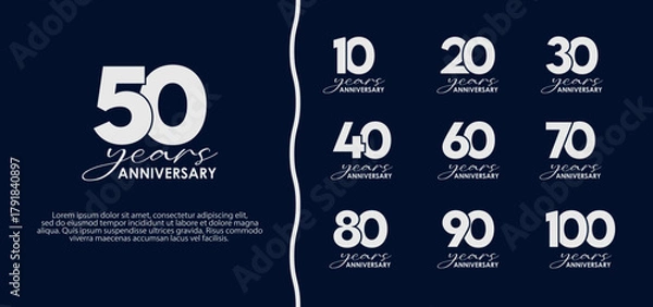 Obraz Silver anniversary logo set design collection — elegant 10 to 100 years celebration badges on dark blue background, modern vector template for event branding