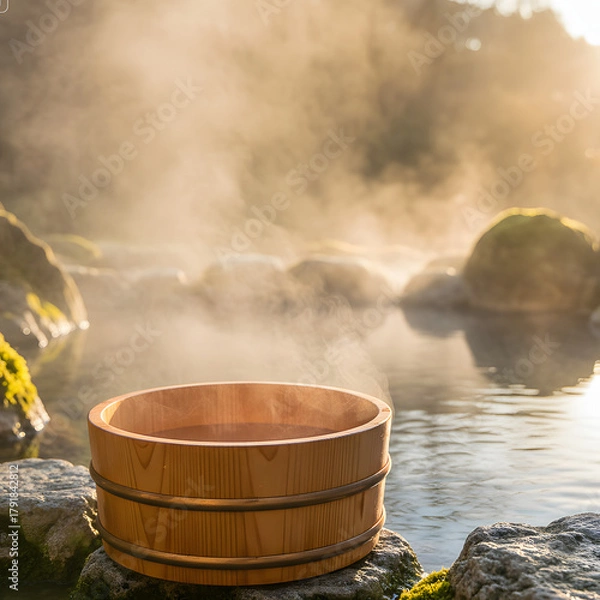 Obraz 山の天然温泉の池のほとりの木製トレイ