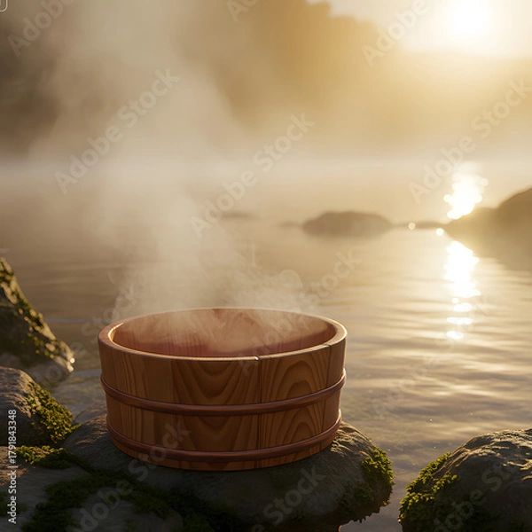 Obraz 山の天然温泉の池のほとりの木製トレイ