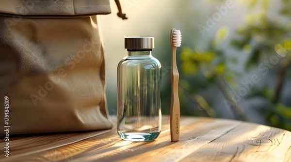 Obraz Eco-Friendly Lifestyle Flat-Lay with Reusable Bottle and Bamboo Toothbrush