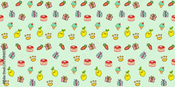 Obraz Seamless pattern with bright colors and cute cartoons, balloons, cakes, ice cream and flowers. Perfect for cute fabric patterns, Christmas festival.