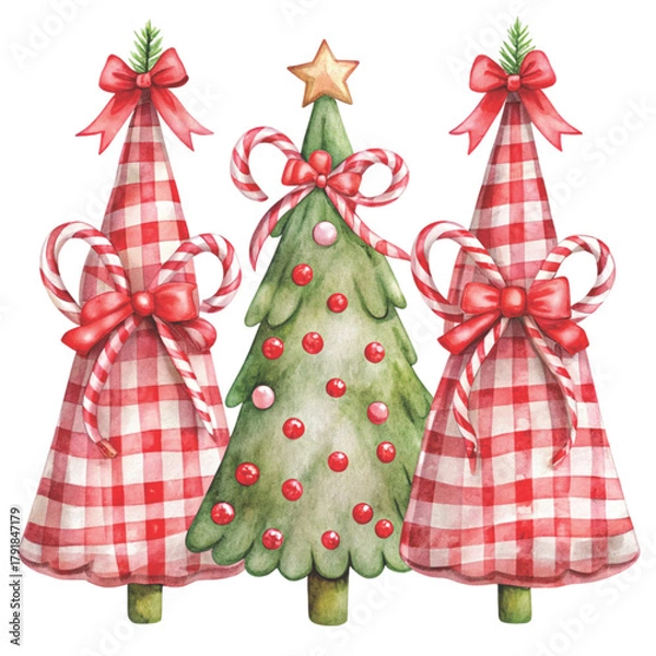 Fototapeta three watercolor Christmas trees decorated with golden ornaments and topped clipart white background 