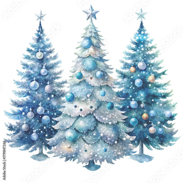Fototapeta three watercolor Christmas trees decorated with golden ornaments and topped clipart white background 