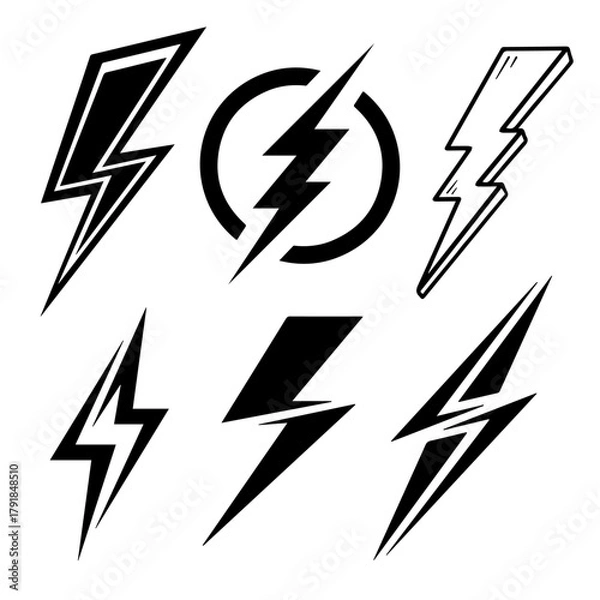 Obraz A collection of bold lightning bolt icons in black and white style, perfect for energy themes, electricity symbols, power logo elements
