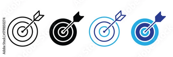 Obraz Business strategy and success: target with arrow hitting bullseye icon set, vector graphic isolated on white background