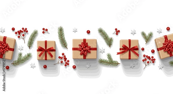 Fototapeta Spread holiday cheer with elegant gifts adorned with vibrant red ribbons and festive decorations. Perfect for Christmas celebrations, seasonal promotions, and sharing the joy of giving.