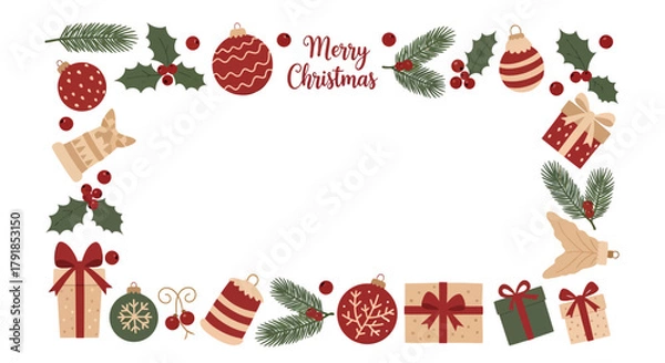 Fototapeta Spread holiday cheer with this festive Christmas frame, adorned with gifts and ornaments. Perfect for invitations, greetings, and more. Capture the joy and warmth!
